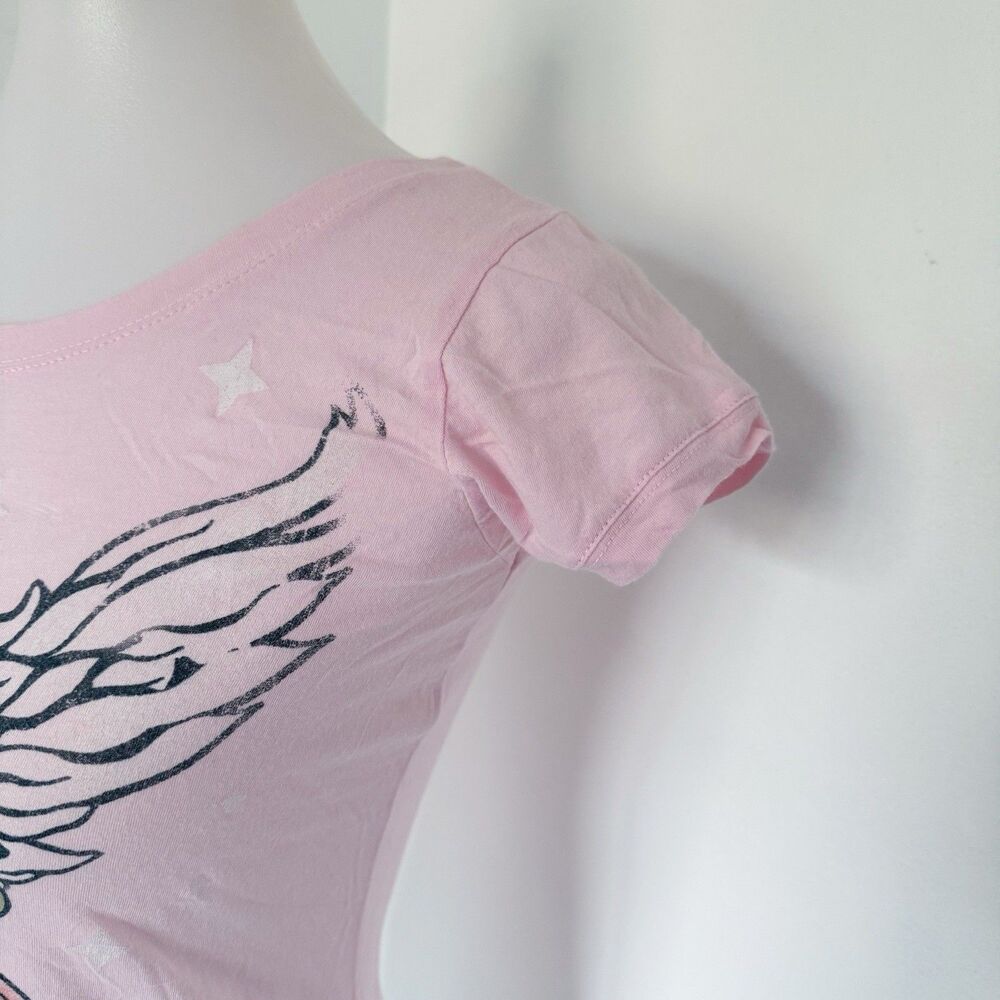 Women's Bon Jovi Baby Tee Shirt Top Pink Heart Dagger Wings Cross Pink Size S - Picture 13 of 16
